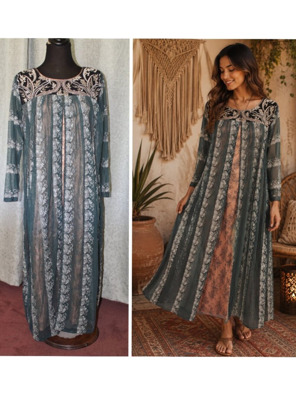 VTG MissSoni embroidered Relaxed Maxi Dress Size M sheer Sleeves Mesh Lace Boho